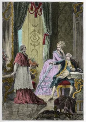 Affæren om dronningens halskjede (1785-1786): Kardinal Louis René Édouard de Rohan (1734-1803) foran kong Ludvig XVI (1754-1793) og dronning Marie Antoinette (1755-1793)