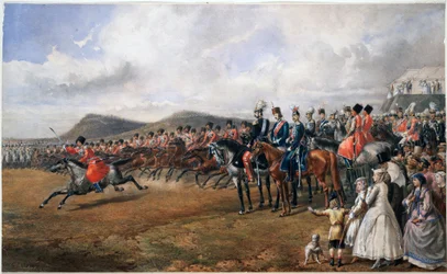 Alexandre II (1818-1881) passant les torupes en revue - Tsar Alexander II anmelder tropper - Anonym - 1867 - Akvarell på papir - 55x90 - Privat samling