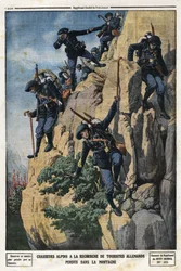 Alpejegere på jakt etter tapte tyske turister. De ønsket å gå til fjellet Nero (Helmet du Nero) i Chartreuse-massivet. Gravering i "" Le Petite Journal"", 7.07.1912. Privat samling.
