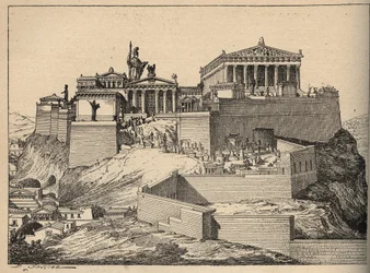 Antikkens Hellas: Parthenon, Athenas tempel, på Akropolis-høyden i Athen (Antikkens Hellas: Athen, Akropolis - Parthenon - gravering, 1890)