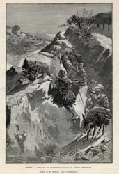 Andjera-fjellopprøret i Marokko: bakhold av Angherrister som venter på sheriff-tropper. Gravering i “Le monde illustree”” fra 1892. Privat samling.