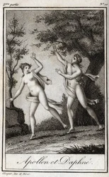 Apollo and Daphne. The nymph Daphne turns into a laurel to escape Apollo. Engraving from 1819 in “Lettres a Emilie sur la mythologie” by Charles Albert Demoustier (1760-1801). Private collection.