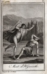Apollo and Hyacinthos (Death of Hyacinthe) Engraving of 1819 in “Lettres a Emilie sur la mythologie” by Charles Albert Demoustier (1760-1801). Private collection.