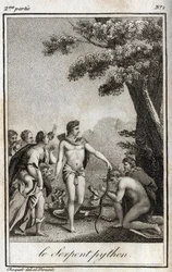 Apollo og Python-slangen på Mount Parnassus. Gravering fra 1819 i «Lettres a Emilie sur la mythologie» av Charles Albert Demoustier (1760-1801). Privat samling.