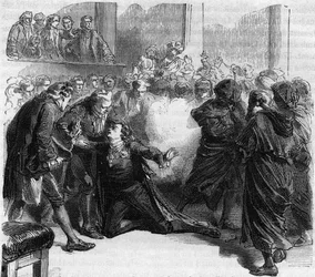 Attentatet på Gustav III av Sverige - drapet på Gustav III (1746-1792), Sveriges konge, under maskeballet ved Den kongelige opera i Stockholm av Jacob Johan Ankarström - stikk i “Histoire des Girondins” av Alphonse de Lamartine (1790)