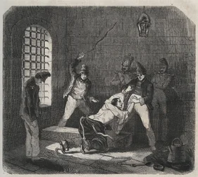 Prison of Brest: caning. Gravering i «Fangernes historie fra deres skapelse til i dag» (1877) av Pierre Zaccone (1817-1895) (Colonia Penale - Straffekoloni). Privat samling.