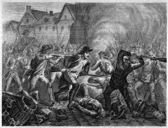 Slaget ved Le Mans i 1793 under Vendeekrigen. Gravering fra 1866 i «Histoire de la Revolution francaise»» av Adolphe Thiers. Privat samling.