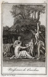 Fødsel av Bacchus, sønn av Jupiter og Semele. Gravering fra 1819 i «Lettres a Emilie sur la mythologie» av Charles Albert Demoustier (1760-1801). Privat samling.