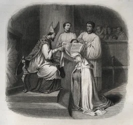 Den salige Maria av Inkarnasjonen (Barbe Jeanne Avrillot) (1566-1618), fransk mystiker, mottar karmelittsløret i 1614. Stikk fra 1846 i «Helgenenes liv». Privatsamling.