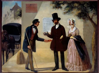Cabaret-skilt "" Au coc fidele"", en parisisk kusk som tilbyr sine tjenester til et par. Anonymt maleri fra 1800-tallet. Sol. 0,64x0,84 m Paris, Musee Carnavalet