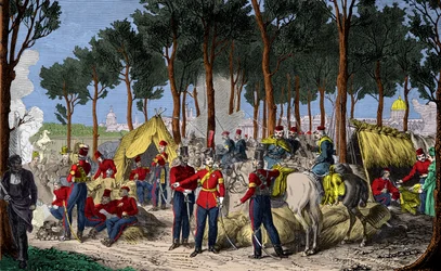 Camping av russiske og engelske tropper på Champs Elysees i Paris i juli 1815 etter nederlaget til Napoleon 1., gravering, privat samling