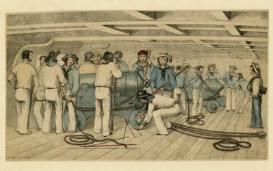 "" Britiske marineskyttere på dekk "" (britiske marineskyttere på kanondekk) Anonym litografi ca. 1850 Dim 21,9 x 28,6 cm Privat samling