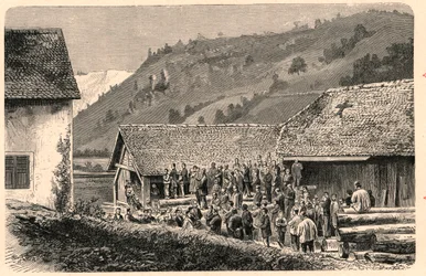 Feiring av katolsk tilbedelse i Saint Ursanne (Saint Ursanne) i Sveits i 1874, etter et fotografi. Gravering i "The Catholic Missions in the XIXth Century" av Louis-Eugene (Louis Eugene) Louvet. privat samling.
