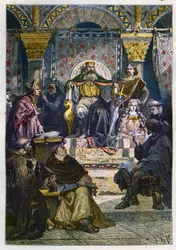 Karl den Store (742 - 814) på sin trone presiderer over Slottsakademiet - Karl den store (747-814) Kongen av frankerne og den kristne keiseren av Vesten som presiderer over Slottsskolen i Aachen (Aachen) - gravering fra "" L' histoire de Fran