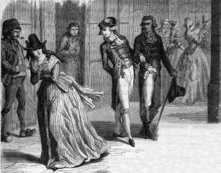 Charlotte Corday hos knivmakeren Badin, under arkadene til Palais-Royal i 1793 - Gravering i "Histoire des Girondins"" av Alphonse de Lamartine (1790-1869) 1865-1866 - Privat samling