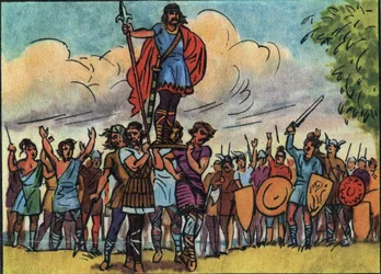 Clovis (konge av francene fra 481 til 511) ble valgt til konge av salianerne som bar ham på bolverket (skjoldet) mens de reiste rundt i leiren. Anonym illustrasjon i "" Collection des souverains et chefs d
