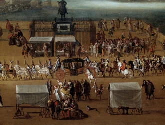 Cortege som passerer foran statuen av Henri IV på Pont Neuf i Paris på 1600-tallet Detalj. Anonymt maleri. Paris, Musee Carnavalet