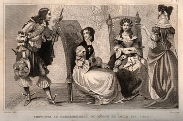 Kostymer i begynnelsen av Ludvig XIVs regne (1650). Gravering fra 1859 i “” Le Monde. Alle folkeslags historie fra de fjerneste tider til i dag». av M. E. de Lostalot-Bachoue (Lostalot Bachoue). Privat samling.
