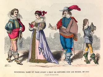 Kostymer av herrer, dame og side før redigeringen av reformen om mote i Paris i 1633 - privat samling