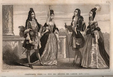 Kostymer mot slutten av kong Ludvig XIVs regjeringstid (1710). Gravering fra 1859 i “” Le Monde. Alle folkeslags historie fra de fjerneste tider til i dag». av M. E. de Lostalot-Bachoue (Lostalot Bachoue). Privat samling.