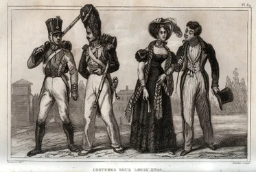 Kostymer under Louis XVIII. Gravering fra 1859 i “” Le Monde. Alle folkeslags historie fra de fjerneste tider til i dag». av ME de Lostalot-Bachoue (Lostalot Bachoue). Privat samling.