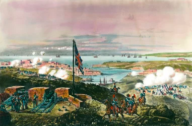 Krimkrigen (1853-1856) mellom Russland og Det osmanske riket: Franskmennene og britene allierte seg med tyrkerne for å beleire den russiske havnen Sevastopol fra 17. oktober 1854 til 8. september 1855. Utsikt fra den engelske fronten. Stikk fra