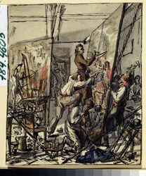 I en kunstners atelier. Anonym tegning. Akvarell og blekk på papir
