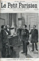 Dreyfus-saken, i 1898, arrestasjonen av oberstløytnant Georges Picquart (1854-1914). I "le petit Parisien" fra 1898.
