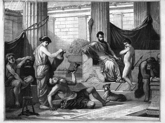 Oppdragelse i Sparta i antikkens Hellas: En beruset slave blir ført fram for en ung gutt for å vise ham alkoholens farer. Gravering fra 1880 i «La République illustrée», privat samling.
