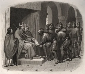 Edward the Confessor (en av de siste angelsaksiske konger av England) - St. Edward the Confessor (1004-1066) som gir nye lover til sitt folk. Gravering fra 1846 i "" Lives of the saints"". Privat samling.