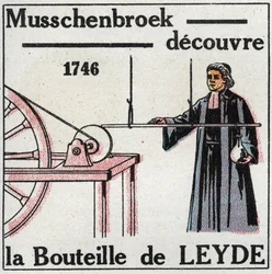 Electric capacitors: Pieter (Petrus, Pierre) van Musschenbroek (1692-1761) discovered the bottle of Leiden, ancestor of the capacitor, in 1746. Anonymous illustration from 1925. Private collection.
