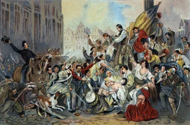 Episode av revolusjonen i 1830 foran rådhuset i Brussel. Reklamekromolitografi av Antoine-sjokolade i Brussel, begynnelsen av det 20. århundre. Privat samling