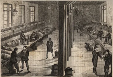 Rømning av tre straffedømte i rommet Saint Gilles av bagne de Rochefort 28. desember 1840. Gravering i "Historien om bagnes siden deres opprettelse til i dag"" (1877) av Pierre Zaccone (1817-1895) (Colonia Penale - Straffekoloni). Privat sam