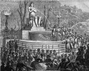 Ny grunnlovsdag (29. Thermidor år I eller 10. august 1793) - Fornyelsesfontenen på ruskene av Bastillen (10. august 1793) - Gravering i "Histoire des Girondins"" av Alphonse de Lamartine (1790-1869) 1865-1866 - Privat lim