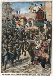 Første verdenskrig 1914-1918 (14-18): Serbere tok imot franske tropper med entusiasme. Gravering i "" Le Petité Journal"", 24.10.1915. Privat samling.