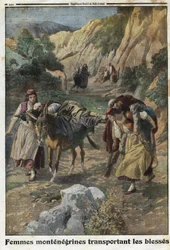 Første verdenskrig 1914-1918 (14-18): kvinner fra Montenegro frakter menn som er såret i krigen, på ryggen av muldyr eller på sine egne skuldre. Stikk i «Le Petit Journal» den 5/12/1915. Privatsamling.