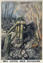 Første verdenskrig 1914-1918 (krig 14-18). En fransk offiser kjemper på egen hånd mot to bataljoner av den tyske hæren i Bois de Caures. I "" Le Petite Journal"", 14.05.1916. Privat samling