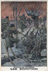 Første verdenskrig 1914-1918 (krig 14-18). Russiske soldater Ahotniki på ski skyter tyske soldater. I "" Le Petite Journal"", 23.01.1916. Privat samling