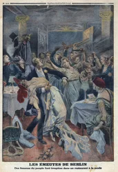 Første verdenskrig 1914-1918 (krig 14-18). Folkets kvinner bryter seg inn på en fasjonabel restaurant og krever at ektemennene deres kommer tilbake. I "" Le Petite Journal"", 16.01.1916. Privat samling