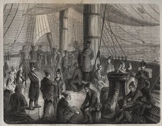Første konvoi av styrker fra Toulon til Cayenne (Guyana) i henhold til dekretet av 8. desember 1851. Gravering i "Historien om straffedømte fra deres opprettelse til i dag" (1877) av Pierre Zaccone (1817-1895) (Colonia Penale - Penal) koloni). Privat samli