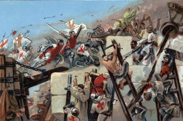 Første korstog (1096-1099): erobringen av Jerusalem av kryssene ledet av Godefroy (Godefroi) av Bouillon (1061-1100) 15. juli 1099. Reklamekromolitografi av Antoine-sjokolade i Brussel, begynnelsen av det 20. århundre. Privat samling