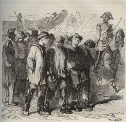 Fanger i mars ved bagne de Rochefort på 1800-tallet. Gravering i «Fangernes historie fra deres skapelse til i dag» (1877) av Pierre Zaccone (1817-1895) (Colonia Penale - Straffekoloni). Privat samling.