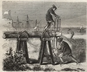Forcats saweurs av fengselsstraffen Saint-Laurent (Saint-Laurent) i Cayenne (Fransk Guyana) på 1800-tallet. Gravering i «Fangernes historie fra deres skapelse til i dag» (1877) av Pierre Zaccone (1817-1895) (Colonia Penale - Straffekoloni). Privat c