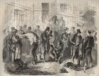 Forkatter som selger eiendelene sine før de gikk inn i Toulon Bagne på 1800-tallet. Gravering i "Fengselshistorie fra deres opprettelse til i dag"" (1877) av Pierre Zaccone (1817-1895) (Colonia Penale - straffekoloni). Privat samling.
