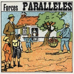 Forces: parallel forces. Basket of apples lifts with a pole by two men of different forces. Anonymous illustration from 1925. Private collection.
