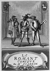 Frontispice av boken "The Comic Roman" av Paul Scarron (1610-1660), fransk forfatter. Gravering fra 1700-tallet.