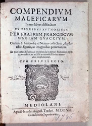 Frontispice av Compendium maleficarum av Guazzo om demonologi og hekseri (gravering