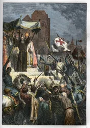 Gud vil ha det: ved konsilet i Clermont (i dag Clermont Ferrand (Clermont-Ferrand), Auvergne), forkynte eremitten Peter (1050-1115) det første korstoget før pave Urban II
