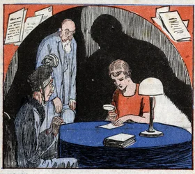 Grafologi: en grafolog, konsultert av et gammelt par, leser med et forstørrelsesglass en persons håndskrevne skrift for å utlede psykologiske trekk. Gravering i "" Le Petite Journal illustrious"" 1926. Privat samling.