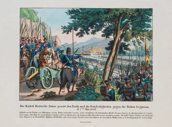 Guerre russo-turque de 1828-1829 - Russisk hær krysser Pruth-elven inn i Moldavia i mai 1828 par Anonymous, ca. 1830 - Etsning, akvarell
